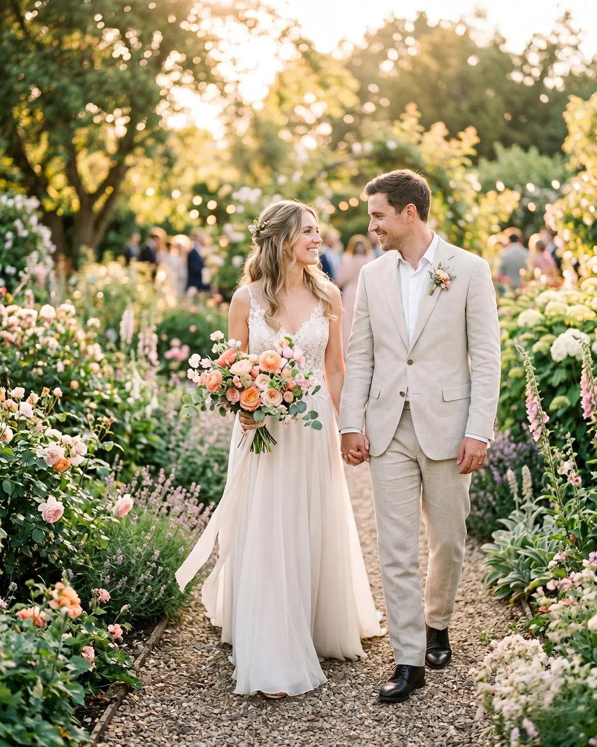 Una pareja de novios pasea de la mano por un jardín en flor al atardecer