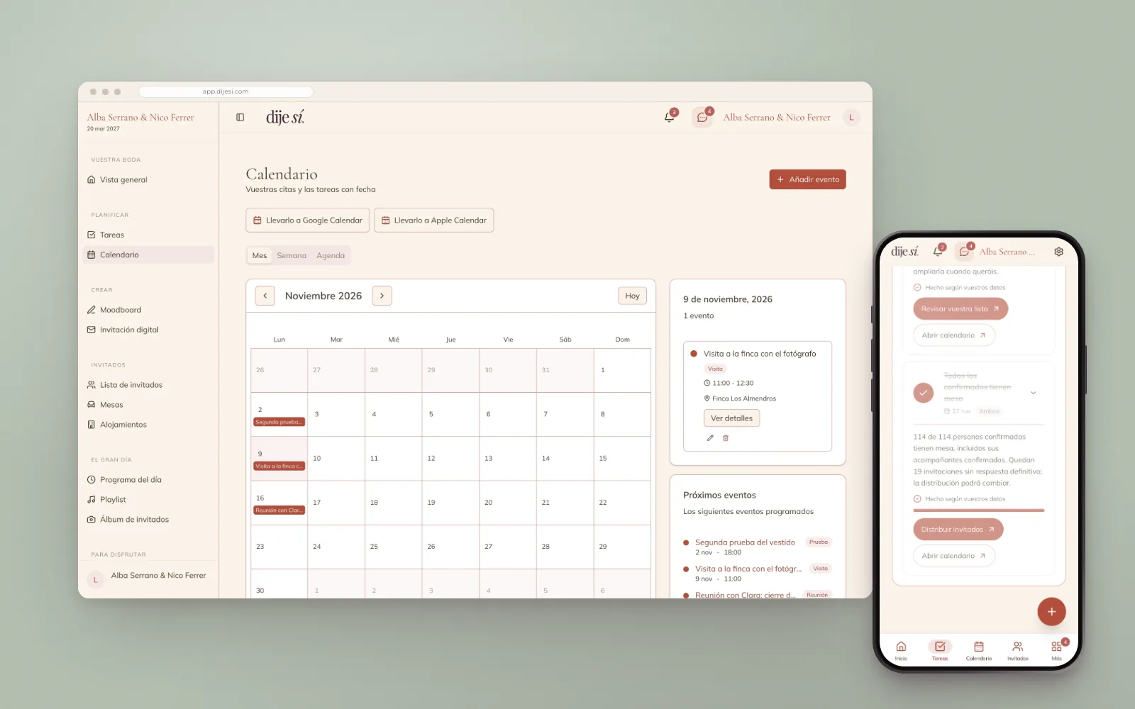 Calendario de la boda en el ordenador y una tarea completada automáticamente en el móvil