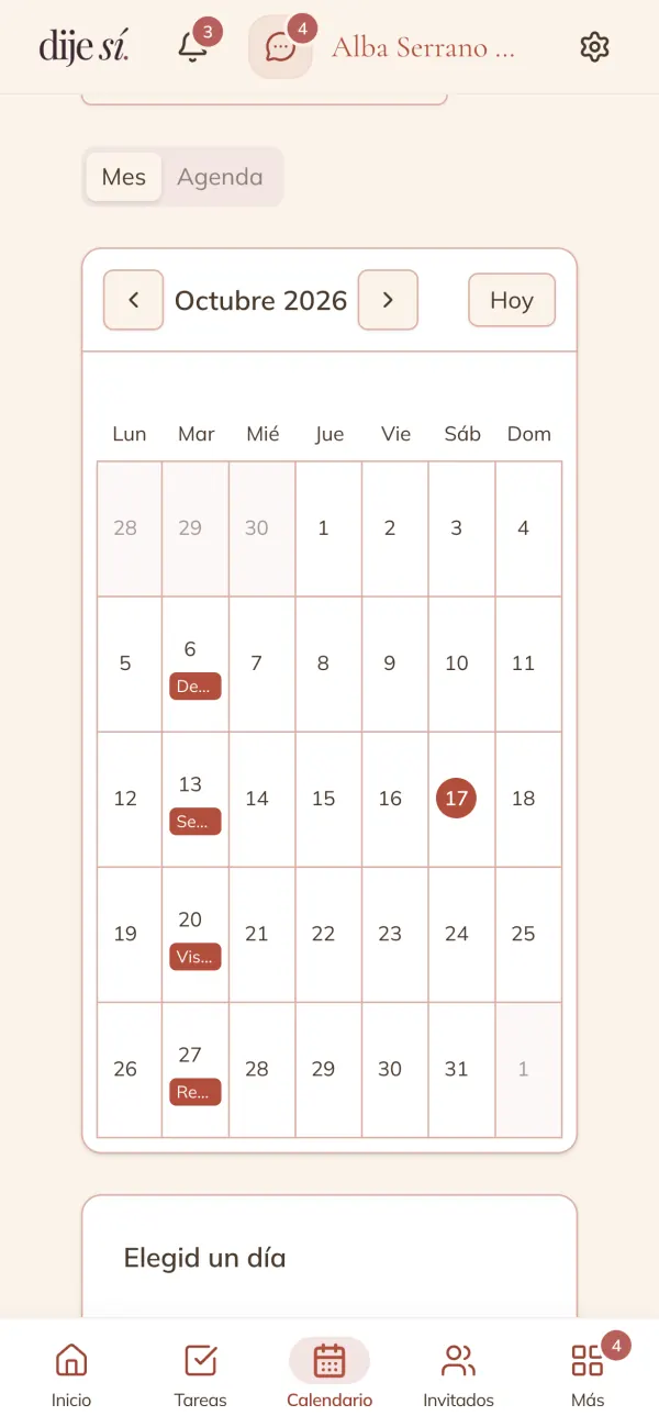 Calendario de octubre con citas de la boda