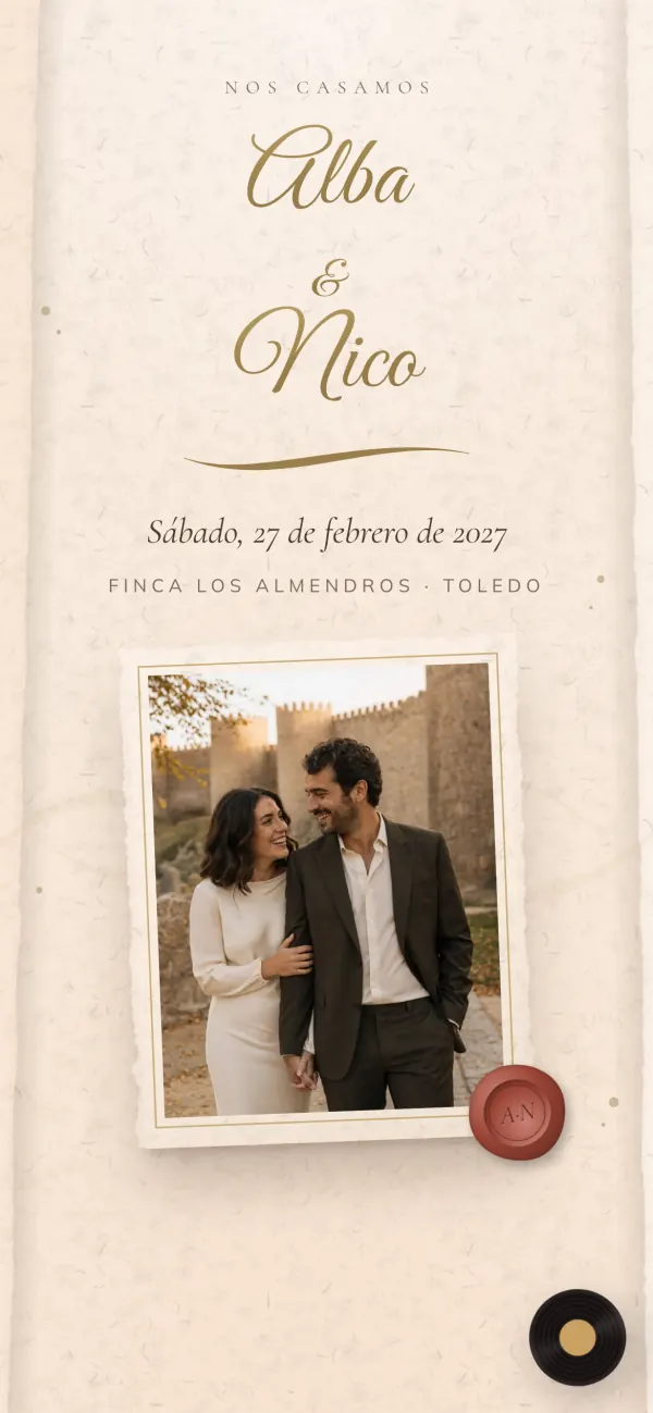 Invitación «Caligrafía»: nombres escritos a pluma y sello de lacre