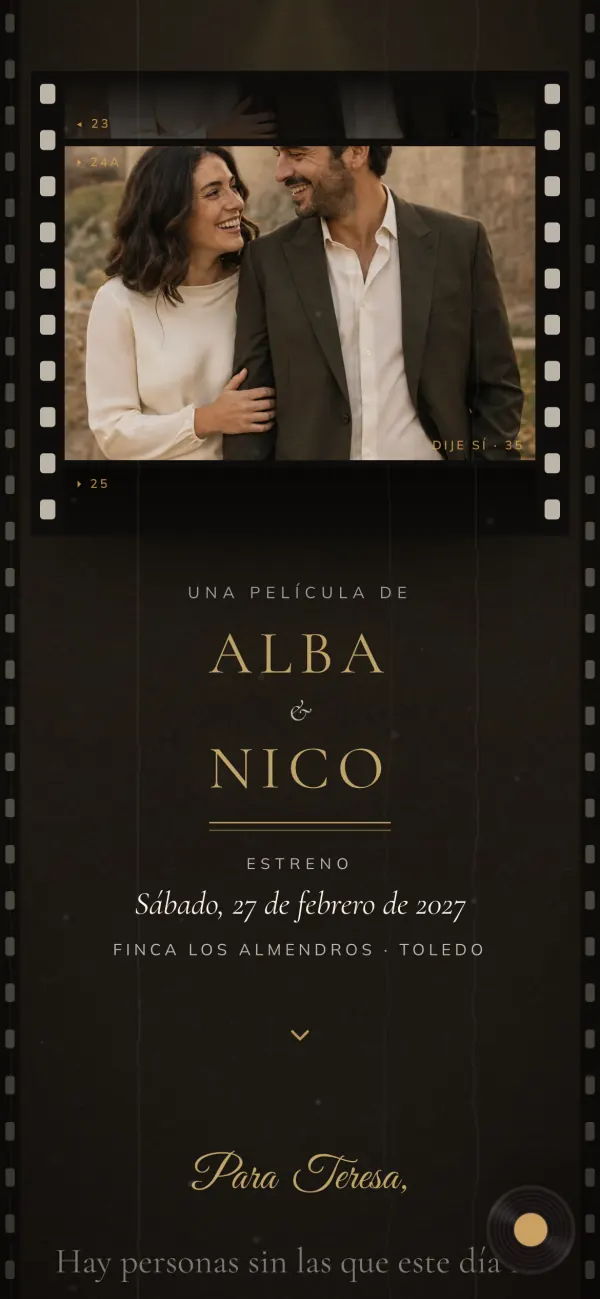Invitación «Cine»: cartel de estreno con los nombres de la pareja
