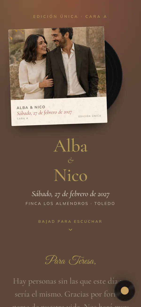 Invitación «Vinilo»: la foto de la pareja en la funda de un disco