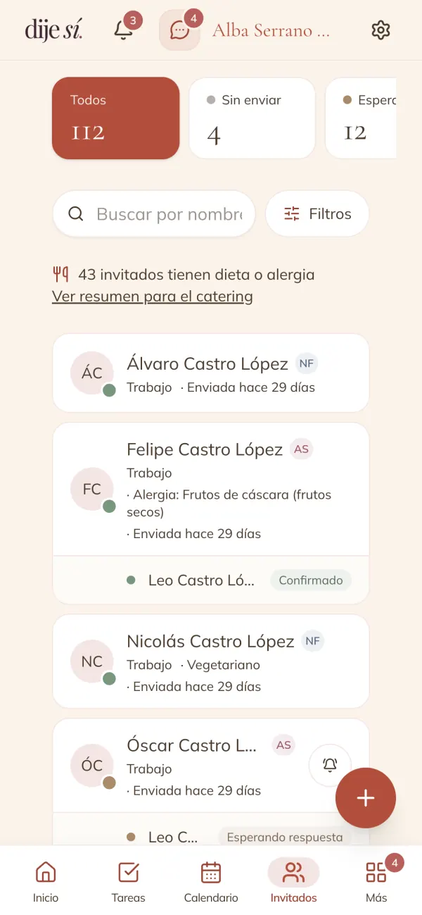 Lista de invitados con contadores: 112 invitaciones, 84 confirmados