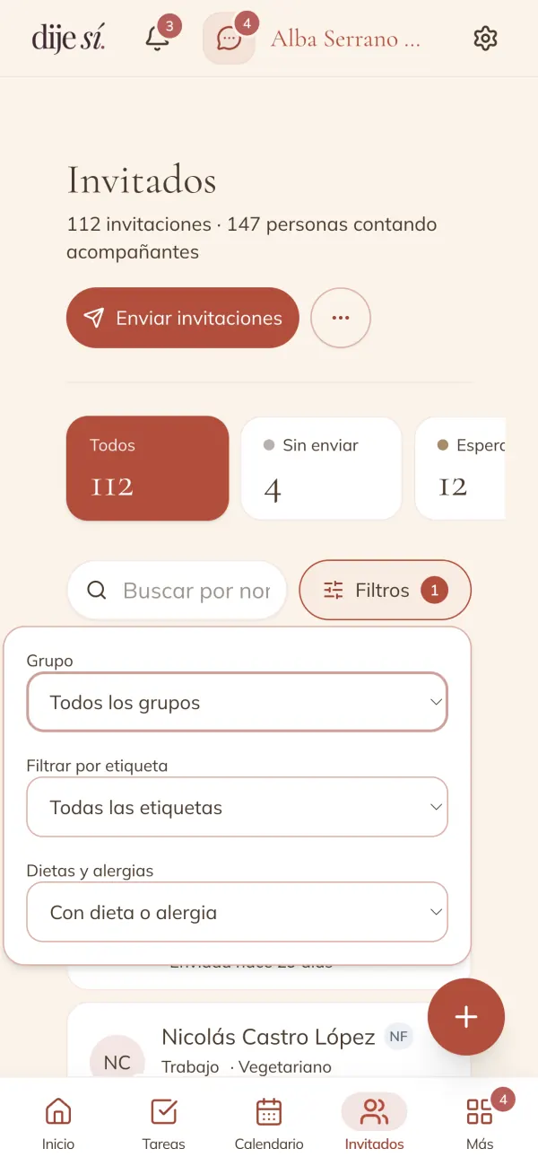 Filtros de la lista de invitados por grupo, etiqueta y alergias