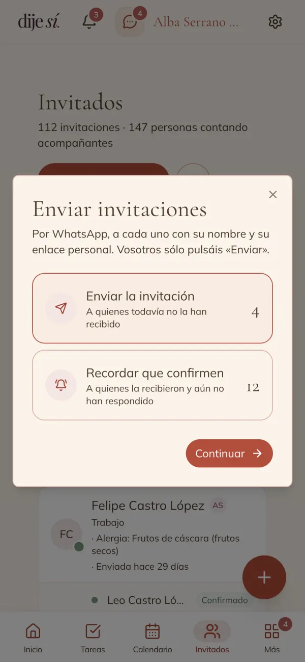 Diálogo «Enviar invitaciones»: enviar o recordar que confirmen