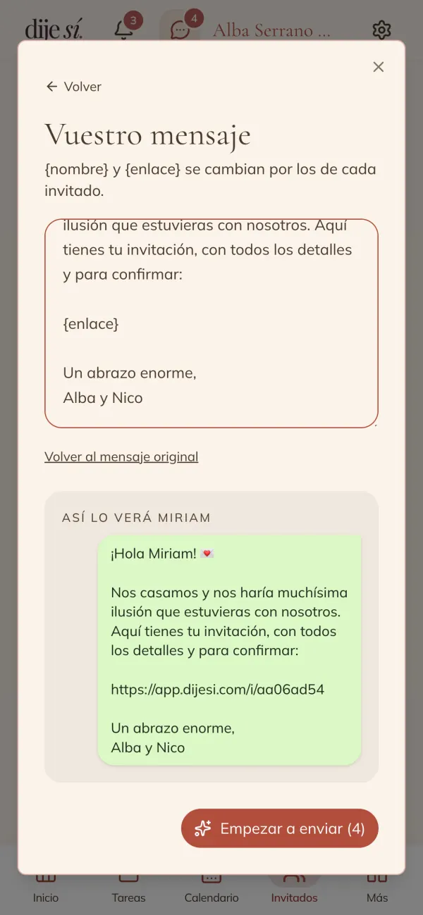 Mensaje de WhatsApp personalizado: «¡Hola Miriam! Nos casamos…»