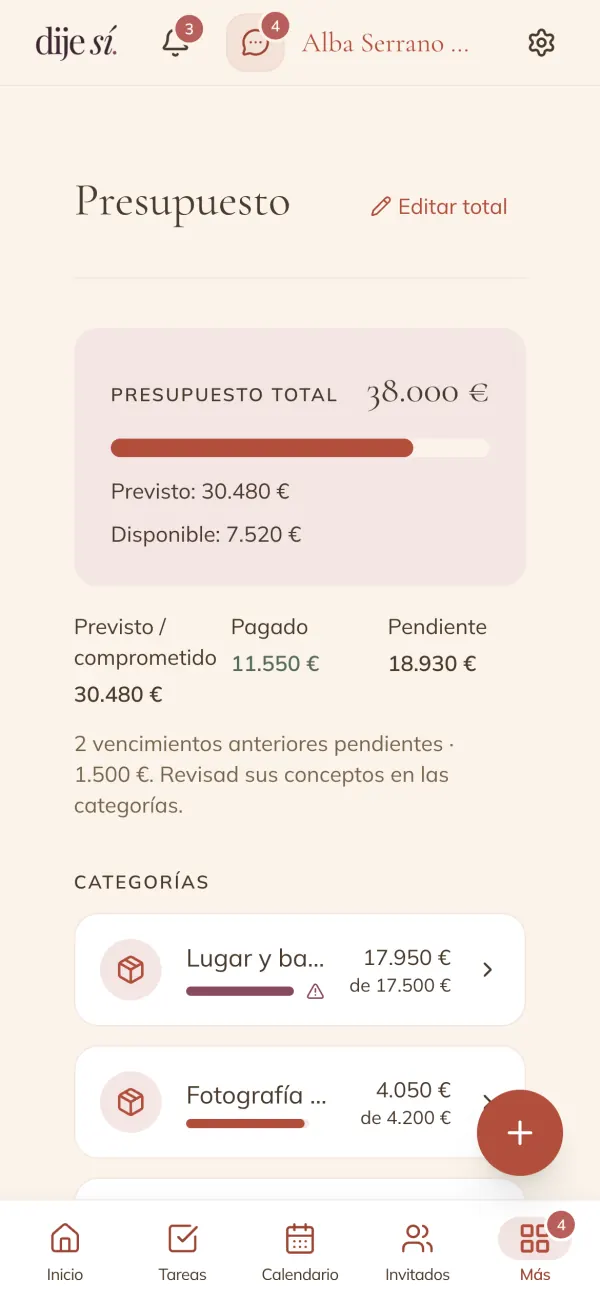 Resumen del presupuesto: previsto, pagado y pendiente