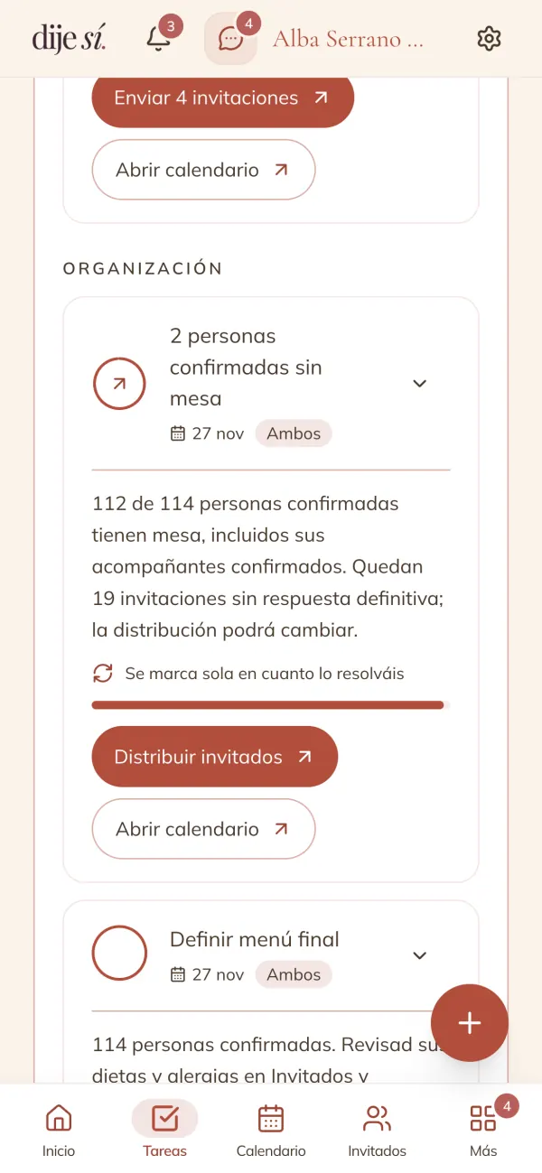Tarea «2 personas confirmadas sin mesa» con su progreso