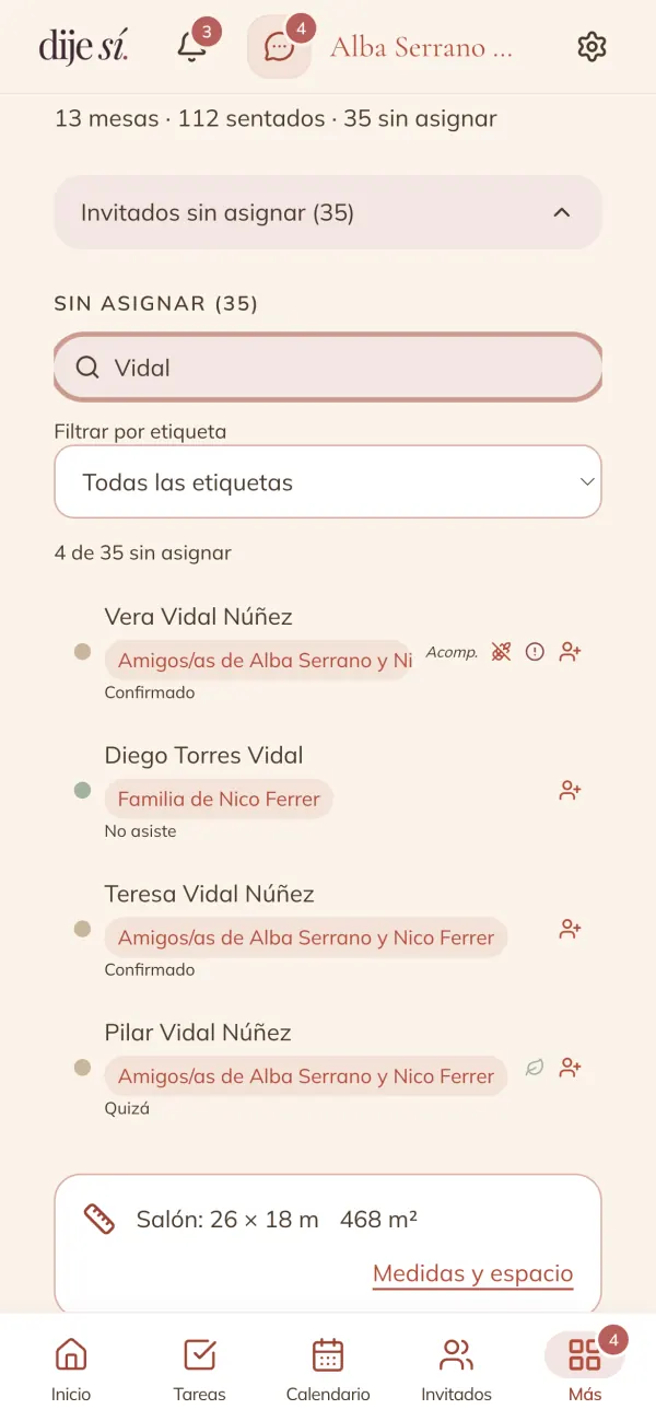 Sentar invitados desde la lista de invitados sin asignar