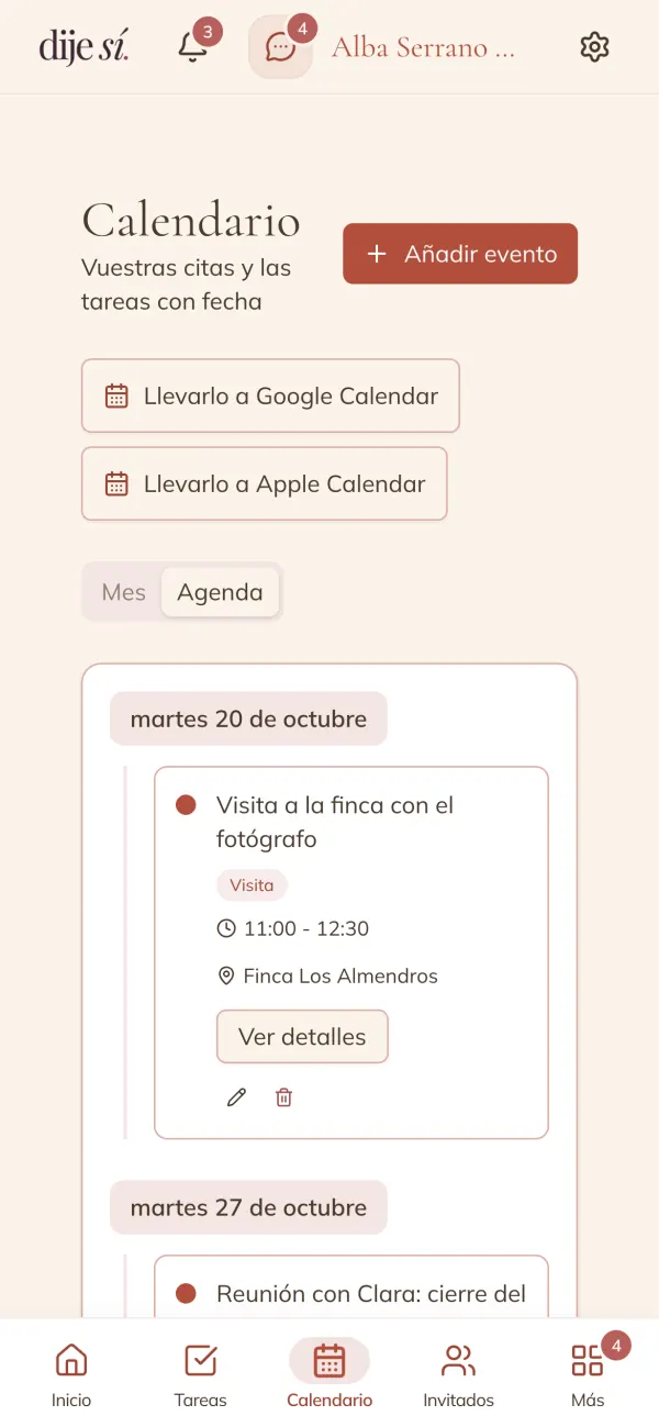 Calendario de la boda con citas y vencimientos
