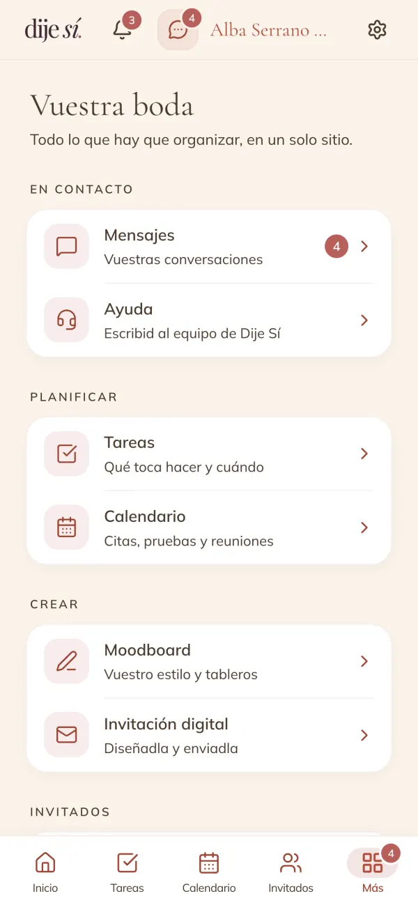 Menú «Vuestra boda» con todos los apartados