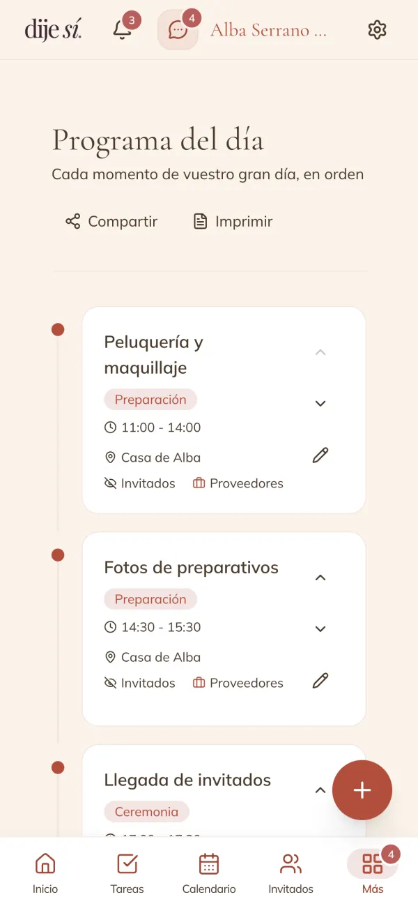 Programa del día con peluquería, fotos y llegada de invitados